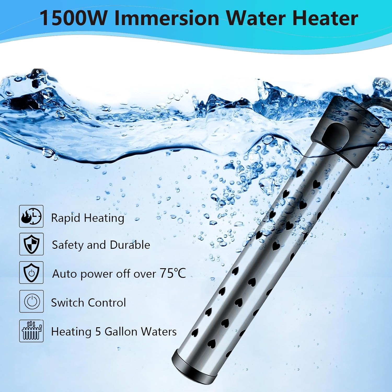 Calentador de piscina de 1500 W para piscina inflable sobre el suelo, calentador de agua de inmersión para bañera con control termostático e