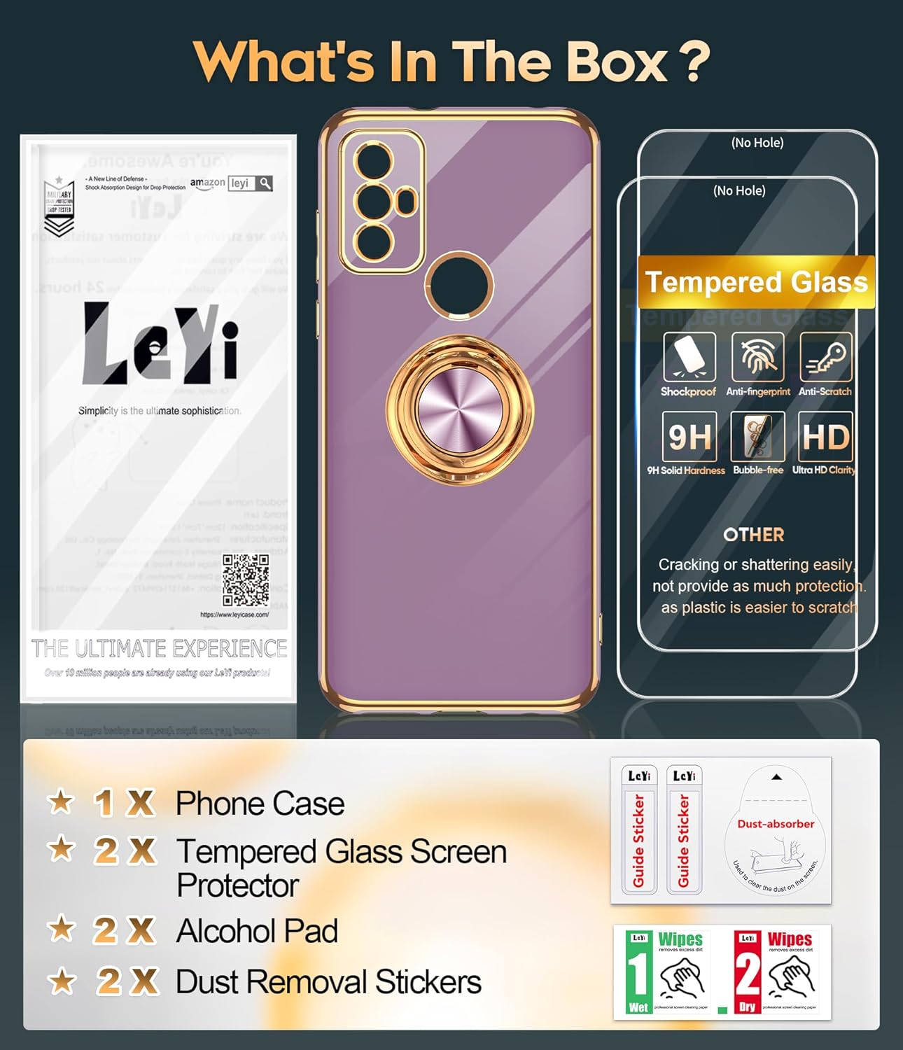 LeYi Funda para teléfono Moto G Play 2023 con protector de pantalla de vidrio templado (paquete de 2) Soporte de anillo giratorio de 360, soporte