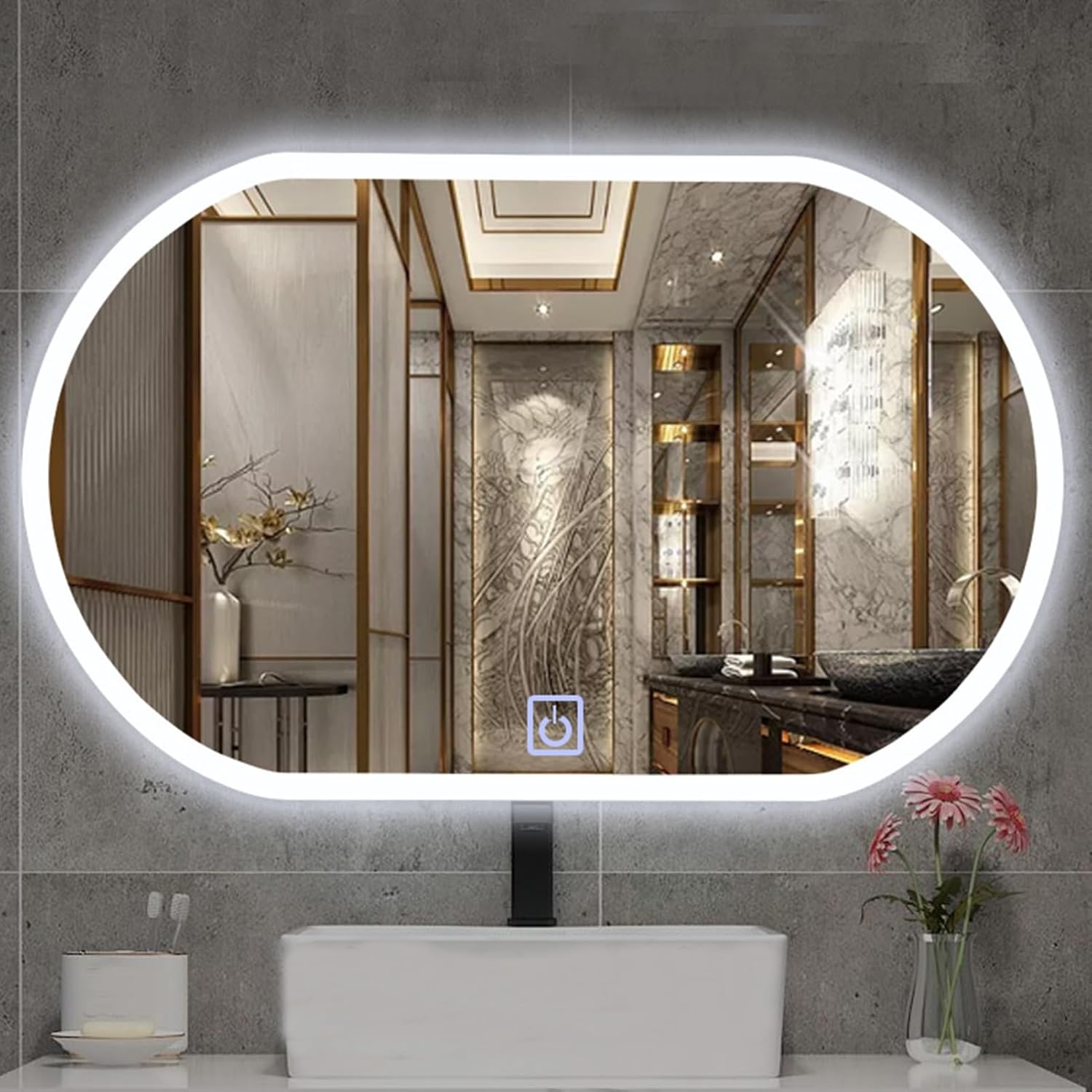 Espejo de baño LED, espejo de pared ovalado sin marco, espejo de tocador con tacto demister, espejo LED iluminado, un solo toque, botón doble