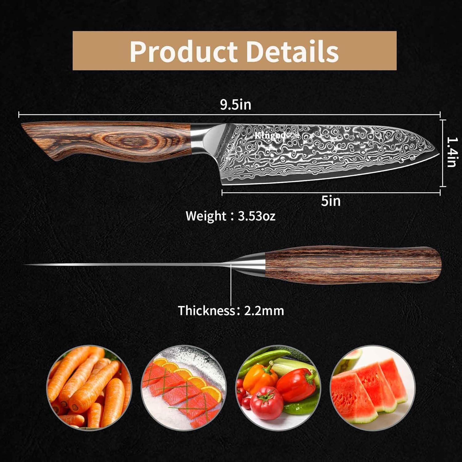 KINGOD Cuchillo de chef Santoku de cocina, cuchillo japonés VG10 de 5 pulgadas de acero inoxidable de alto carbono ultra afilado, mango de madera