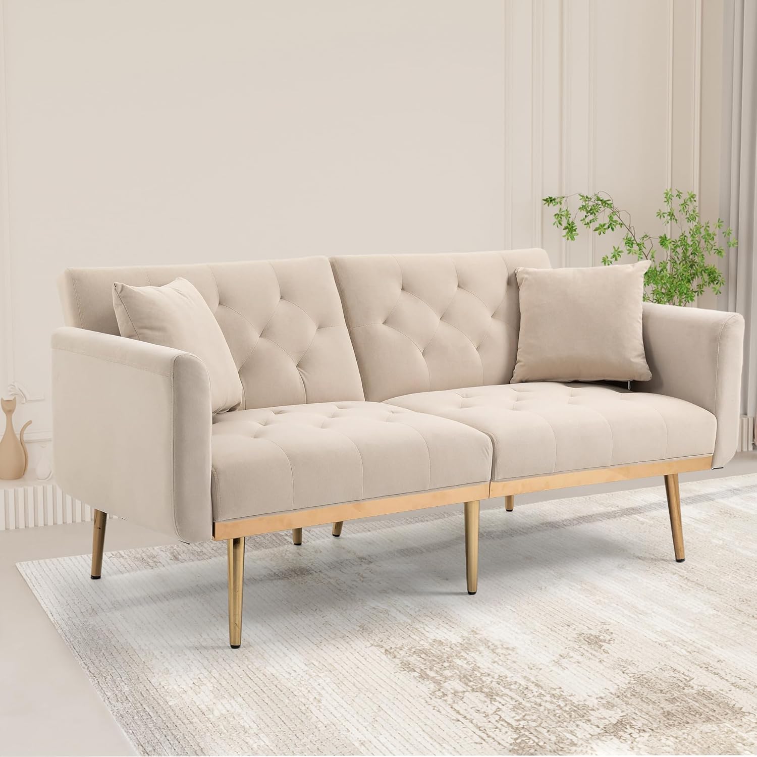 Kakotito Sofá biplaza de terciopelo moderno de mediados de siglo, sofá pequeño con 7 patas de metal dorado (beige)