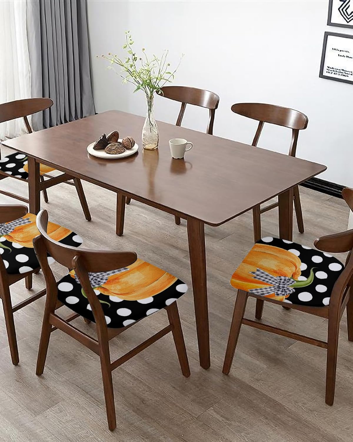 Juego de 6 fundas de asiento para silla de otoño, color naranja, diseño de calabaza para sillas de comedor, con lunares blancos, tapizadas,