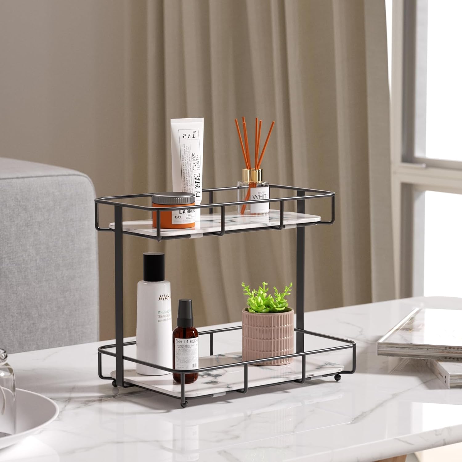Organizador de baño, organizador de maquillaje, organizador de perfumes, bandeja de cerámica de mármol, organizador de cosméticos y cuidado de la