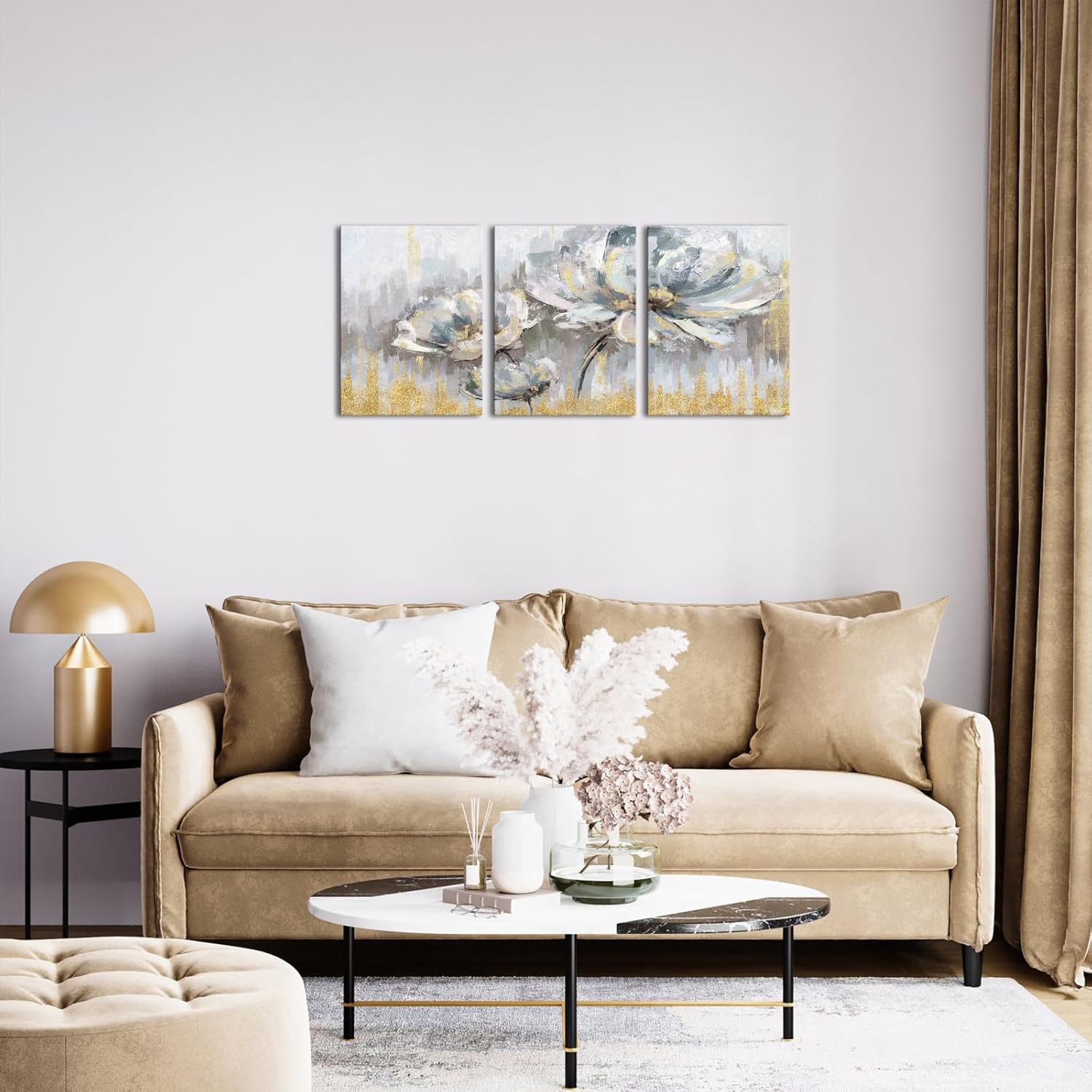 Biuteawal 3 piezas de flores blancas y grises, decoración floral floreciente con pintura dorada, arte de pared, arte abstracto moderno, arte de