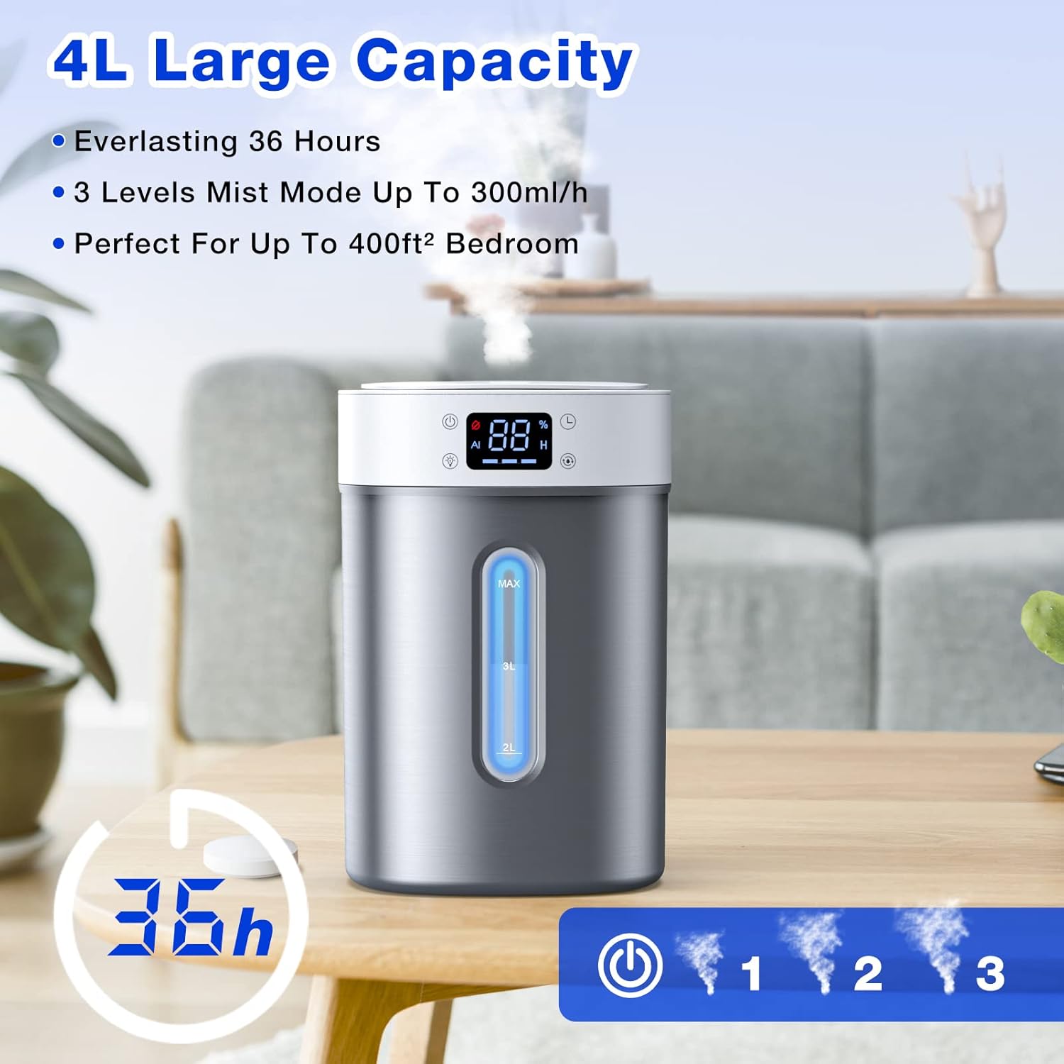 Humidificador ultrasónico de niebla fría de 4 litros con tanque de acero inoxidable 304, control automático de humedad, luz nocturna y temporizador,