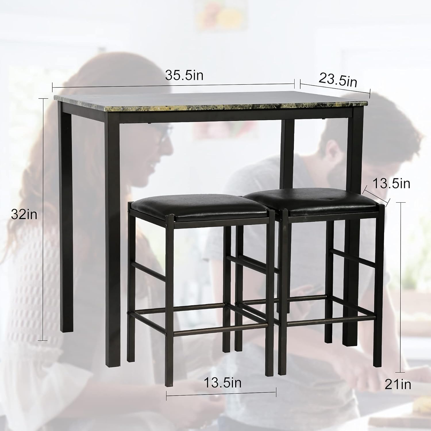 Mesa de cocina pequeña, juego de mesa de comedor de 3 piezas, juego de taberna de mármol sintético, juego de mesa de desayuno, juego de mesa de