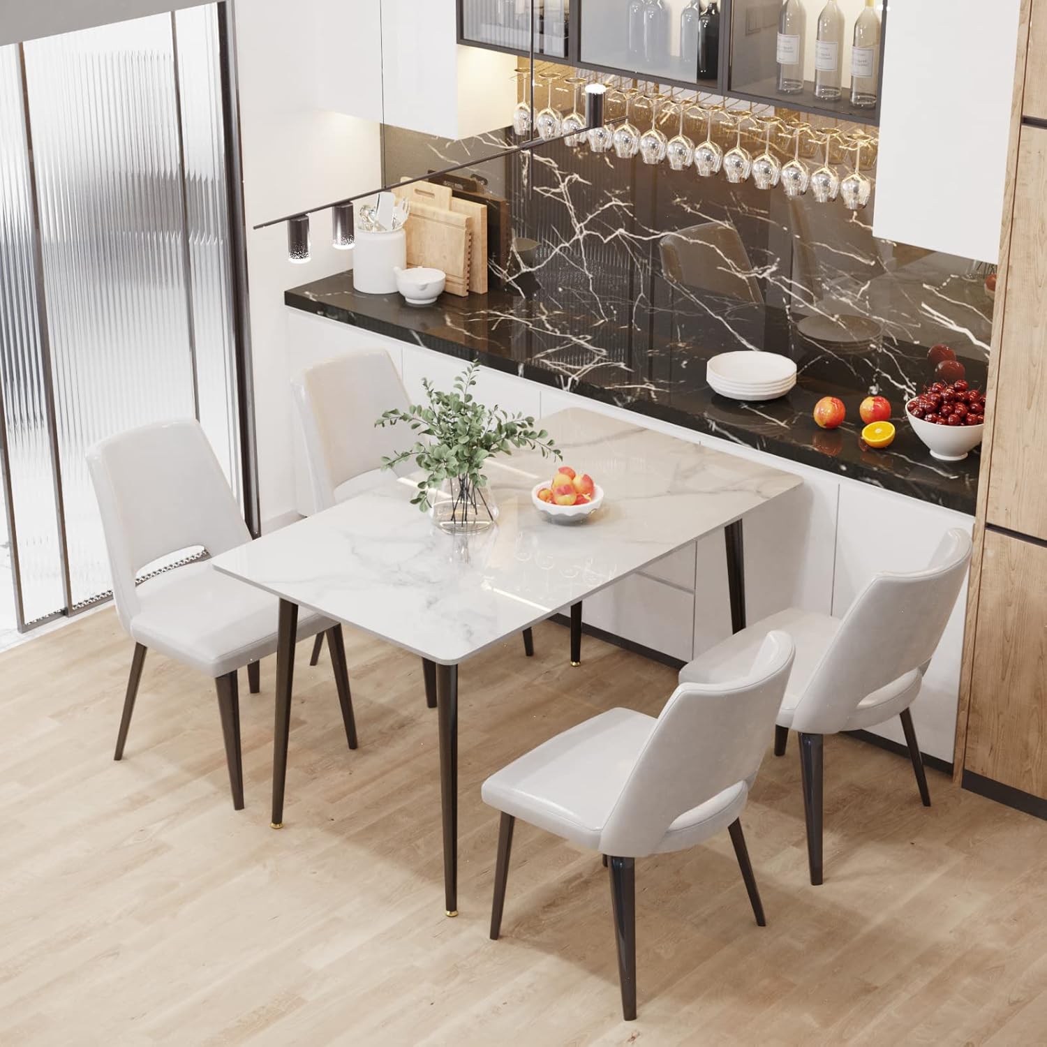 Wisfor Mesa de comedor de piedra sinterizada mesa de cocina blanca de 47.2 x 27.5 pulgadas con patas de metal para comedor – Mesa de restaurante de
