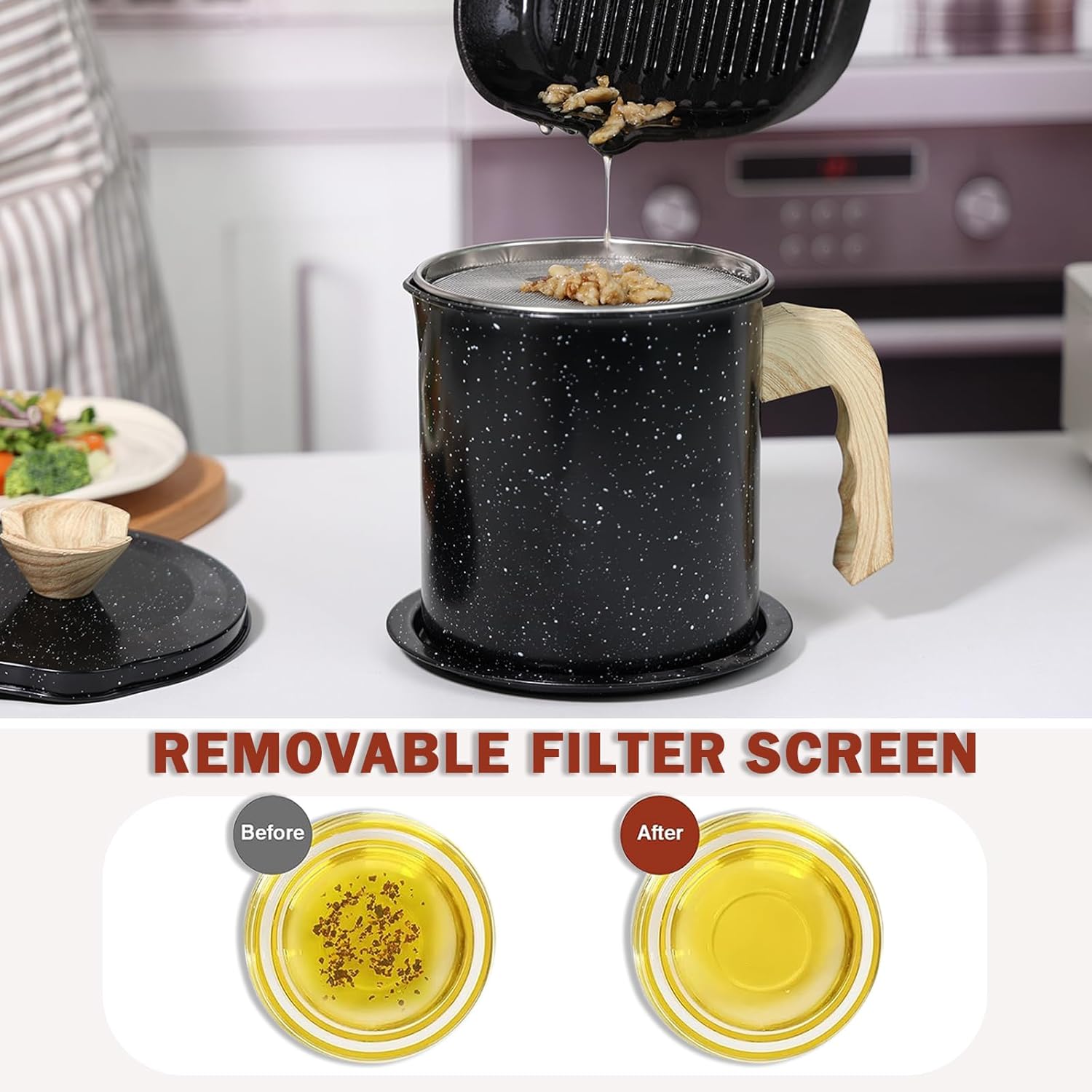 Colador de aceite de cocina y almacenamiento grande, olla de aceite de filtro de 1.6 cuartos de galón de acero inoxidable, recipiente de grasa de