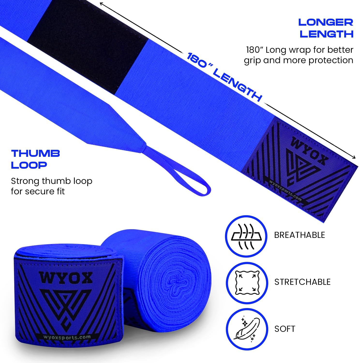 WYOX Vendas de mano de 180 pulgadas, para hombres y mujeres, color rojo, negro, rosa, azul, para boxeo, kickboxing, muay thai, artes marciales