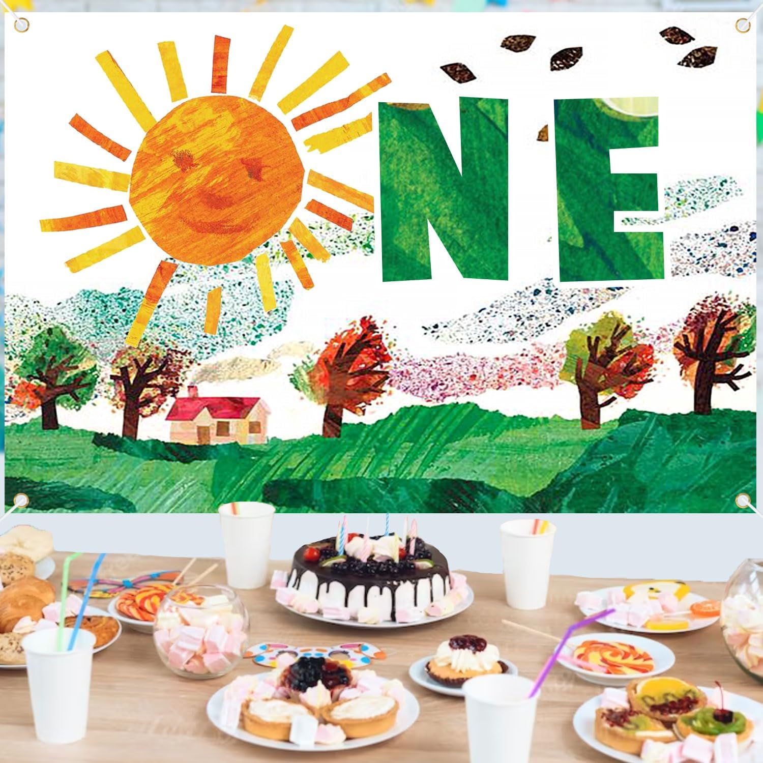 Cartel de feliz cumpleaños con temática de oruga hambrienta, decoración de fondo de dibujos animados de sol de un año de edad, cartel de fiesta de