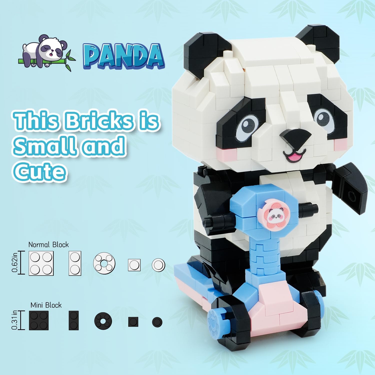 Panda Micro bloques de construcción, juguetes creativos de cumpleaños juegos de bloques de construcción para niños (panda en bicicleta)
