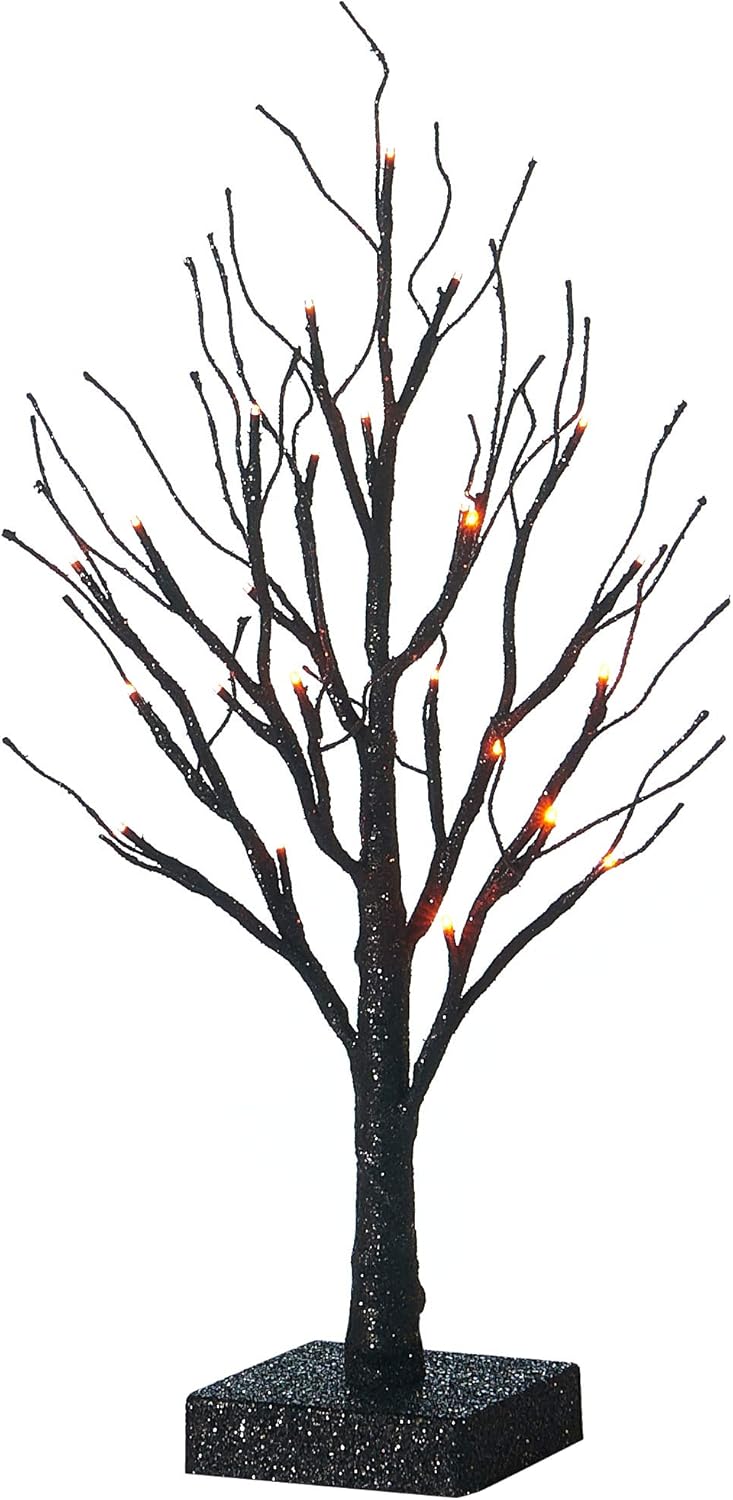 Hairui Árbol espeluznante de mesa iluminado con purpurina negra con luces naranjas, 24 LED de 18 pulgadas, para decoración de bruja de Halloween,