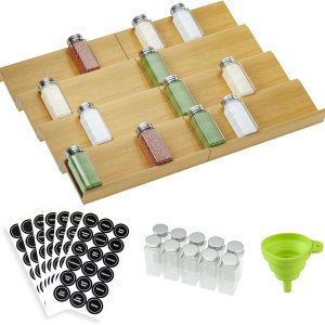 BulkPanda Organizador de cajones de bambú para especias, 10 tarros de almacenamiento de especias para condimentos, organizador de cajones, juego de BulkPanda Organizador de cajones de bambú para especias, 10 tarros de almacenamiento de especias para condimentos, organizador de cajones, juego de