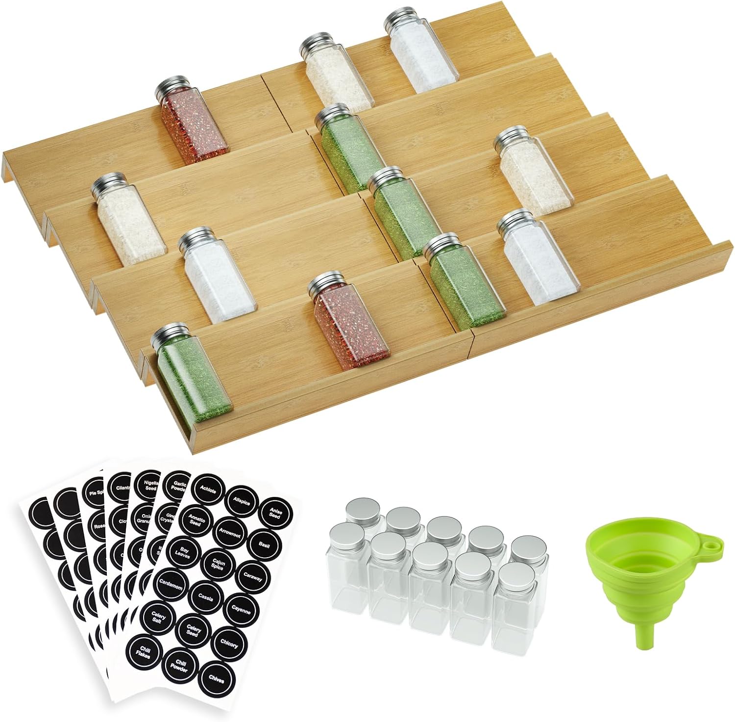 BulkPanda Organizador de cajones de bambú para especias, 10 tarros de almacenamiento de especias para condimentos, organizador de cajones, juego de