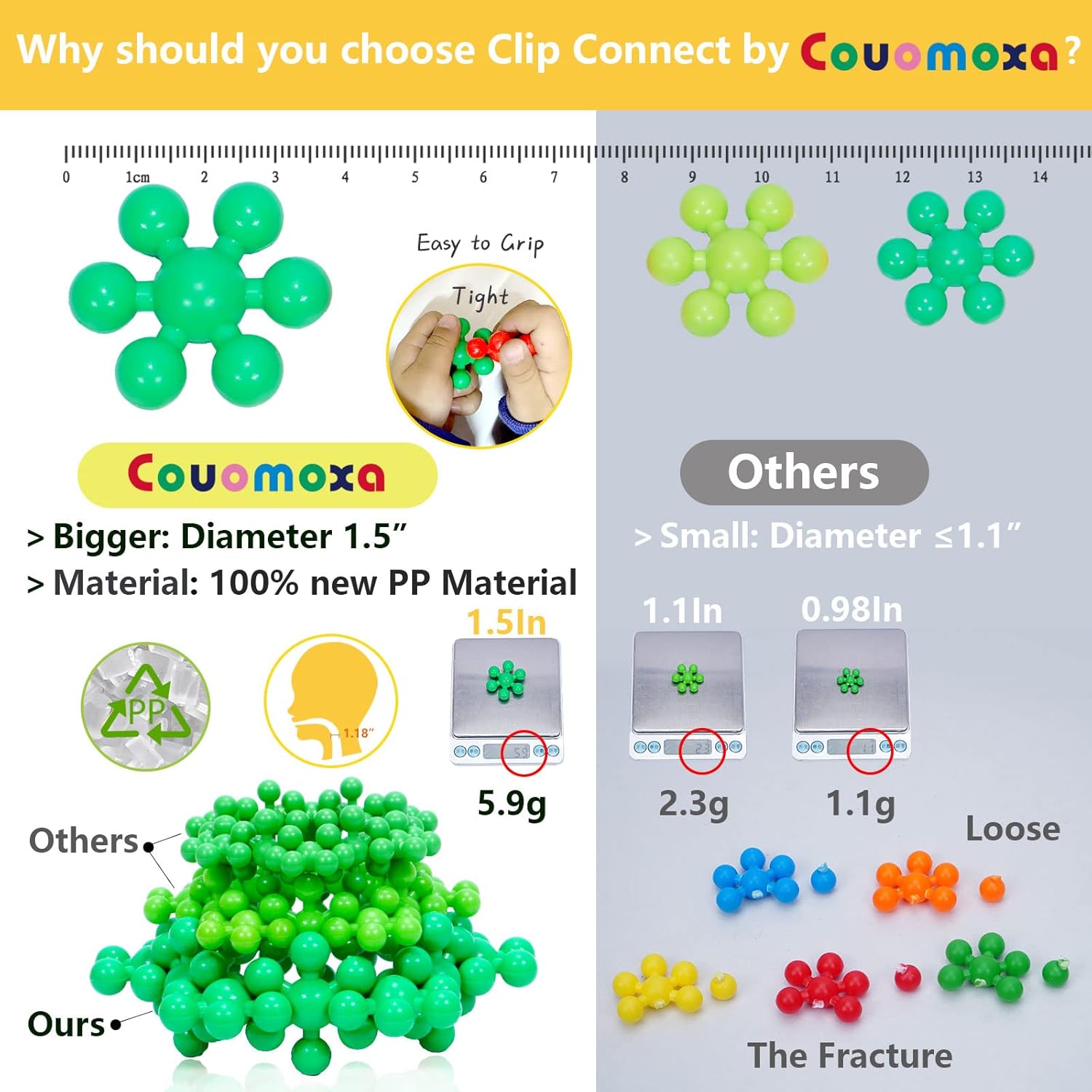 COUOMOXA Juego de 120 piezas de bloques de construcción entrelazados con clip, juguete educativo STEM temprano para niños y niñas de 3, 4, 5, 6, 7,