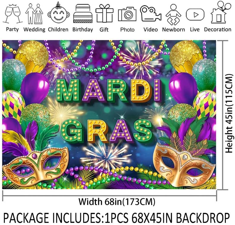 ZTHMOE Telón de fondo de tela de Mardi Gras de 68 x 45 pulgadas, máscaras de carnaval, fiesta de máscaras, fondo de fotografía, cuentas moradas y