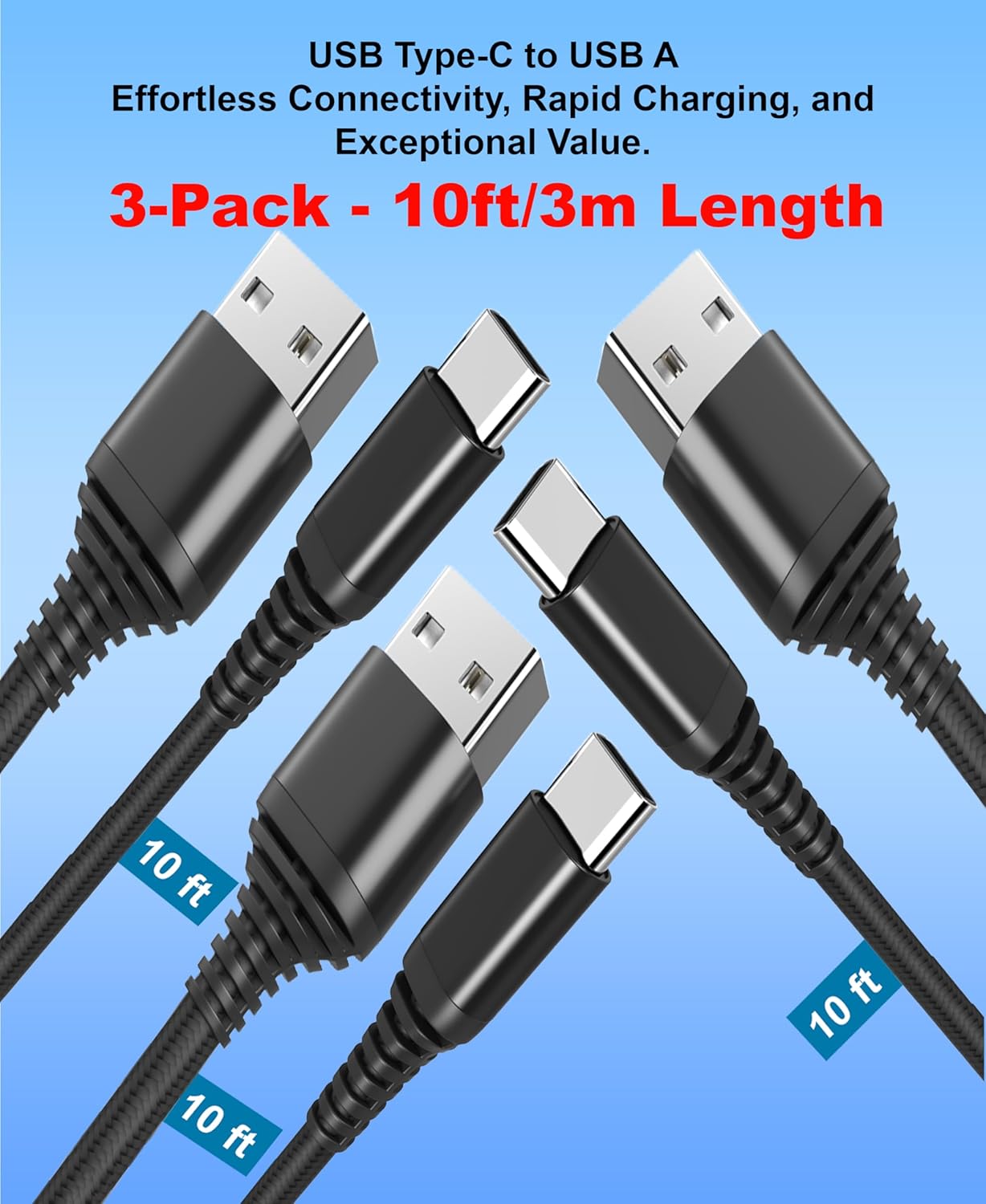Paquete de 3 cables USB tipo C a USB A de 10 pies  Cables trenzados QC de carga rápida de 10 pies compatibles con iPhone 15, MacBook Pro, iPad Mini