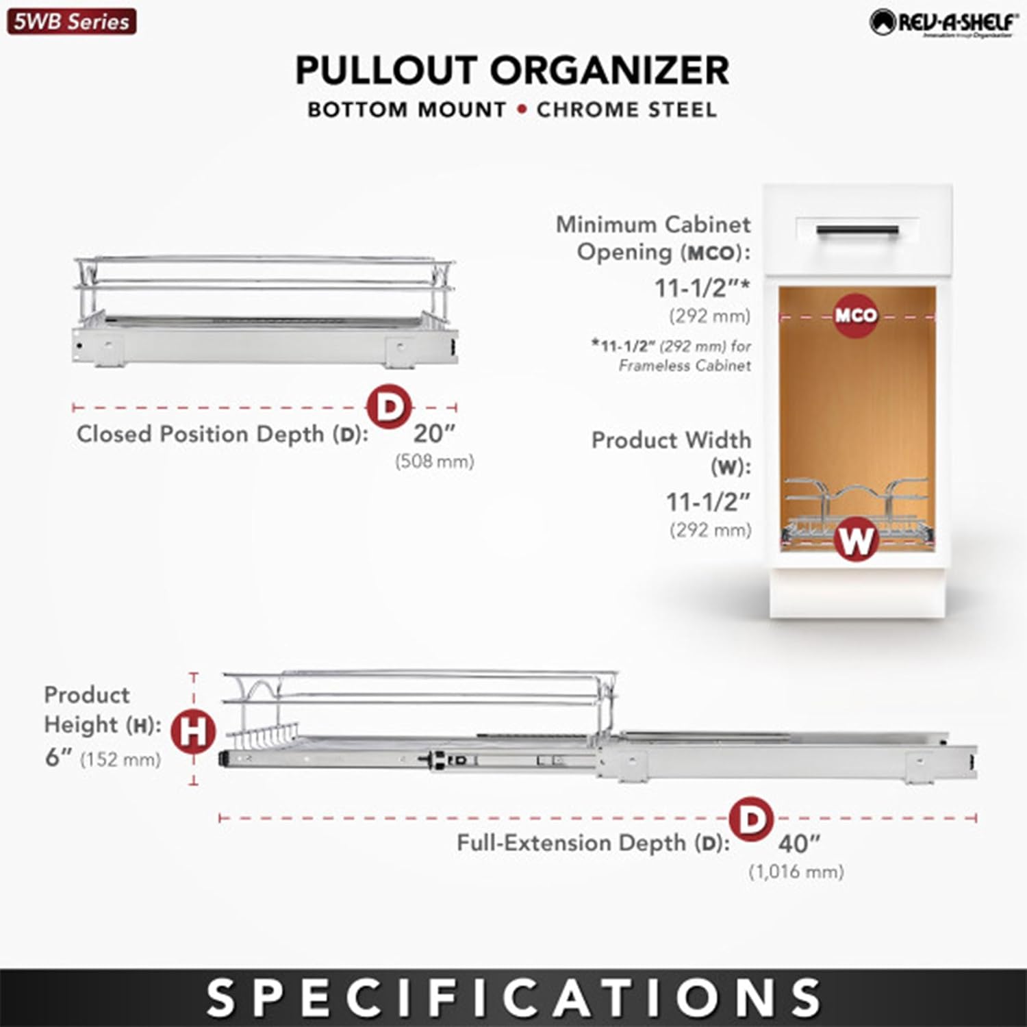 Rev-A-Shelf5WB11220-cr12en. W x 20en. DBase de Cromo Gabinete extraíble cesta de alambre por Rev-A-Shelf