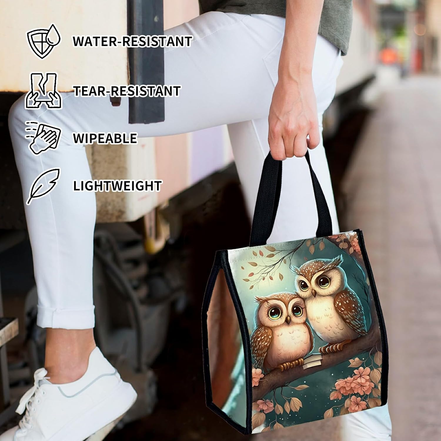 Bolsas de almuerzo para parejas de búhos, linda caja de almuerzo para mujer, reutilizable, aislada, bolsa enfriadora, plegable, portátil, a prueba