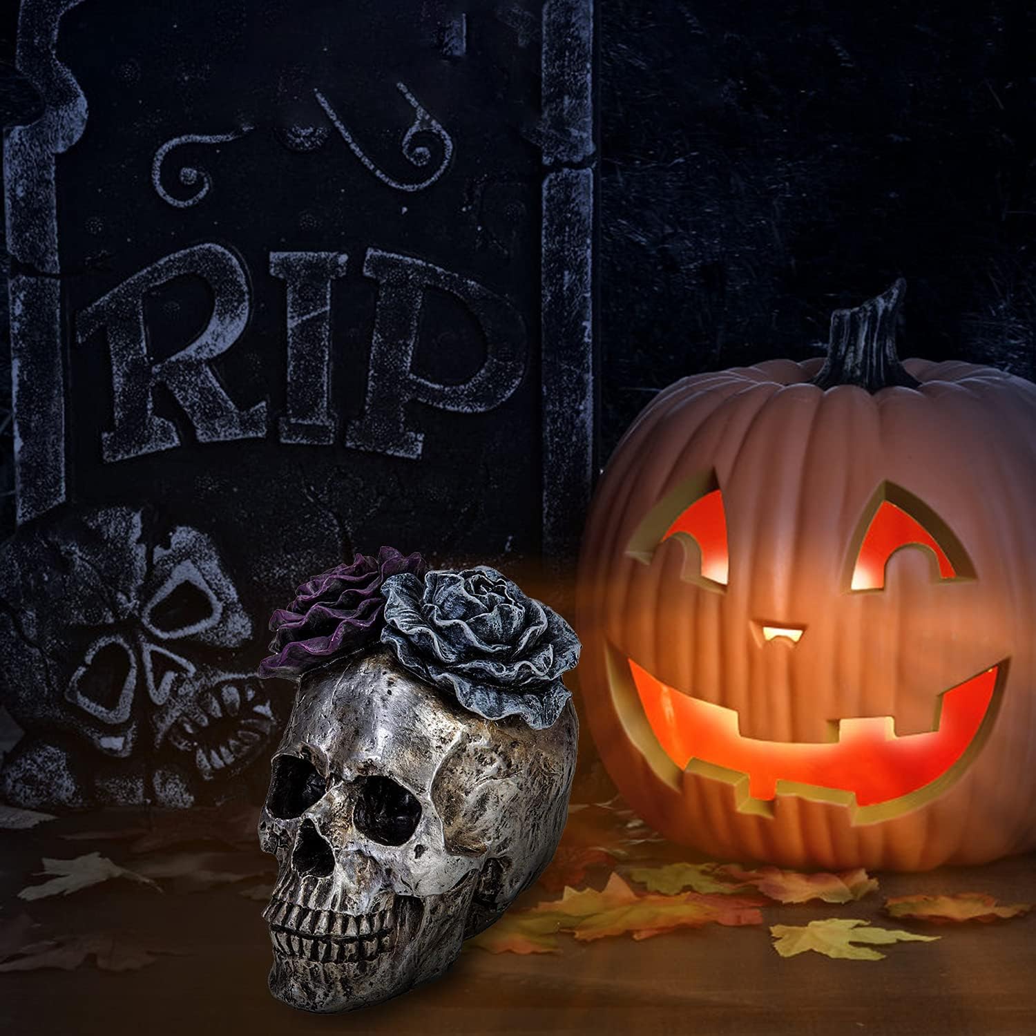 Estatuas de calavera de Halloween, decoración del hogar, día de muertos, morado, gris, rosa, plata, calavera de resina, decoración de calavera de