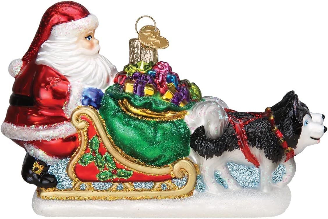 Old World Christmas Adorno de cristal soplado de trineo de perro de Papá Noel para árbol de Navidad