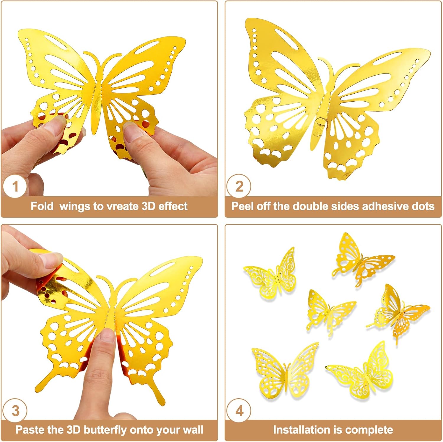 Fulmoon 20 hojas de papel de regalo de flores con 48 piezas de decoraciones de mariposa dorada 3D, 100 pines de ramillete para manualidades,