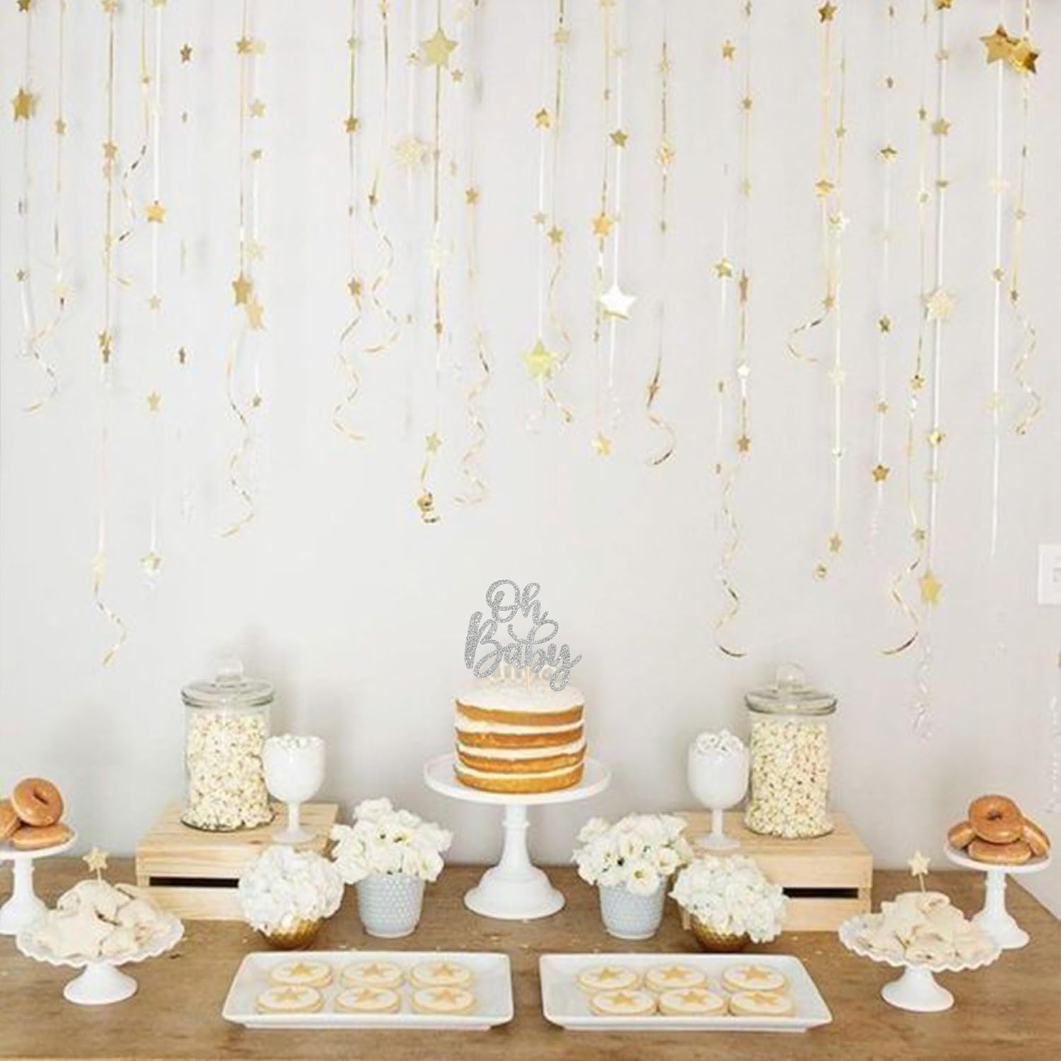 1 pieza de decoración de pastel Oh Baby Shower con purpurina para baby shower, bautismo, revelación de género de bebé, decoración de pastel para