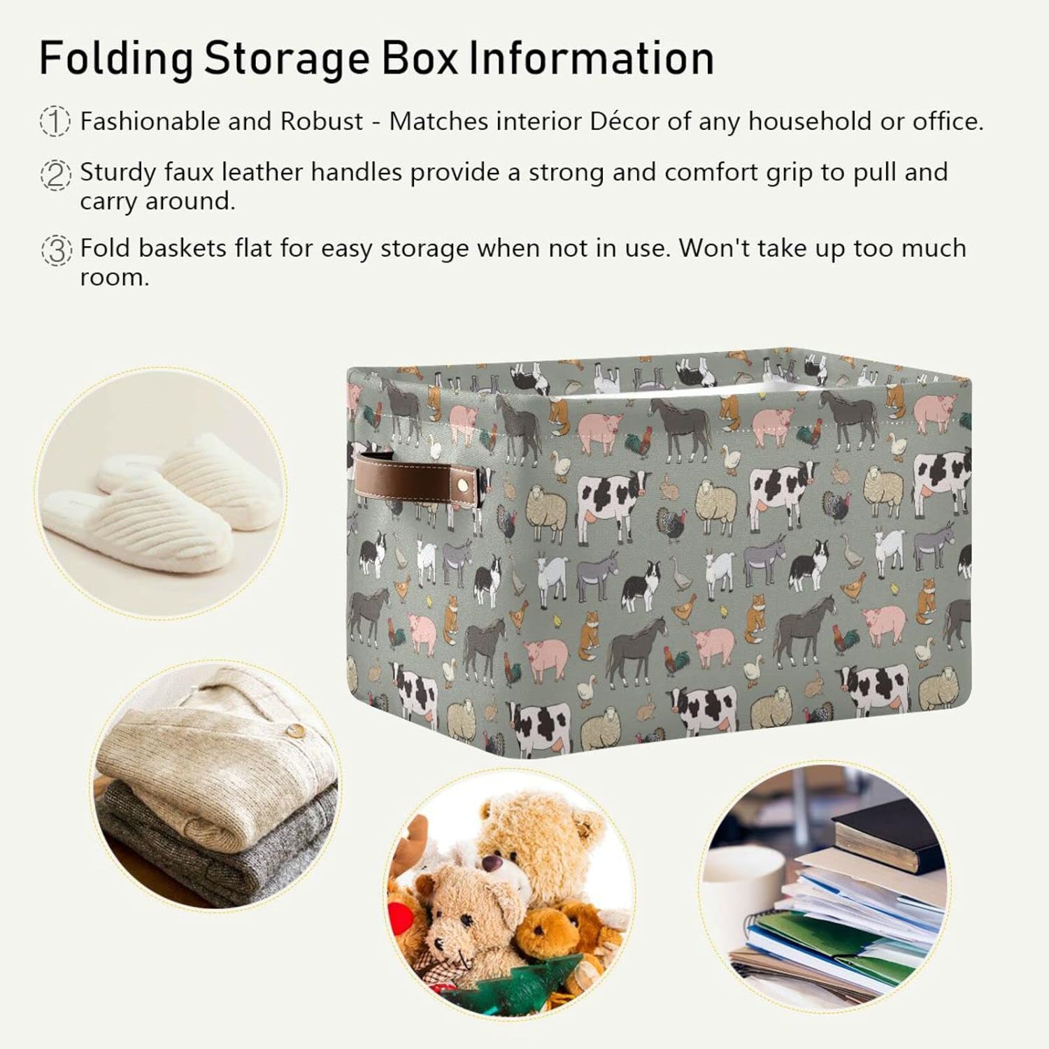 xigua Cesta de almacenamiento de animales de granja, cesta organizadora de almacenamiento, caja de almacenamiento rectangular plegable con asas para