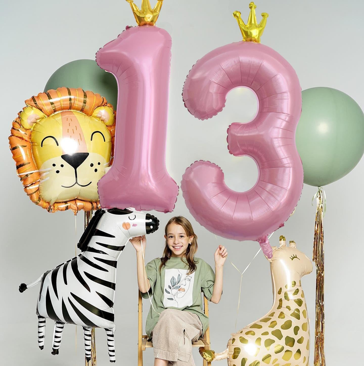 Globos de 40 pulgadas, color rosa con corona de número 13, globos de Mylar de color rosa claro gigantes para decoraciones de fiesta de cumpleaños de