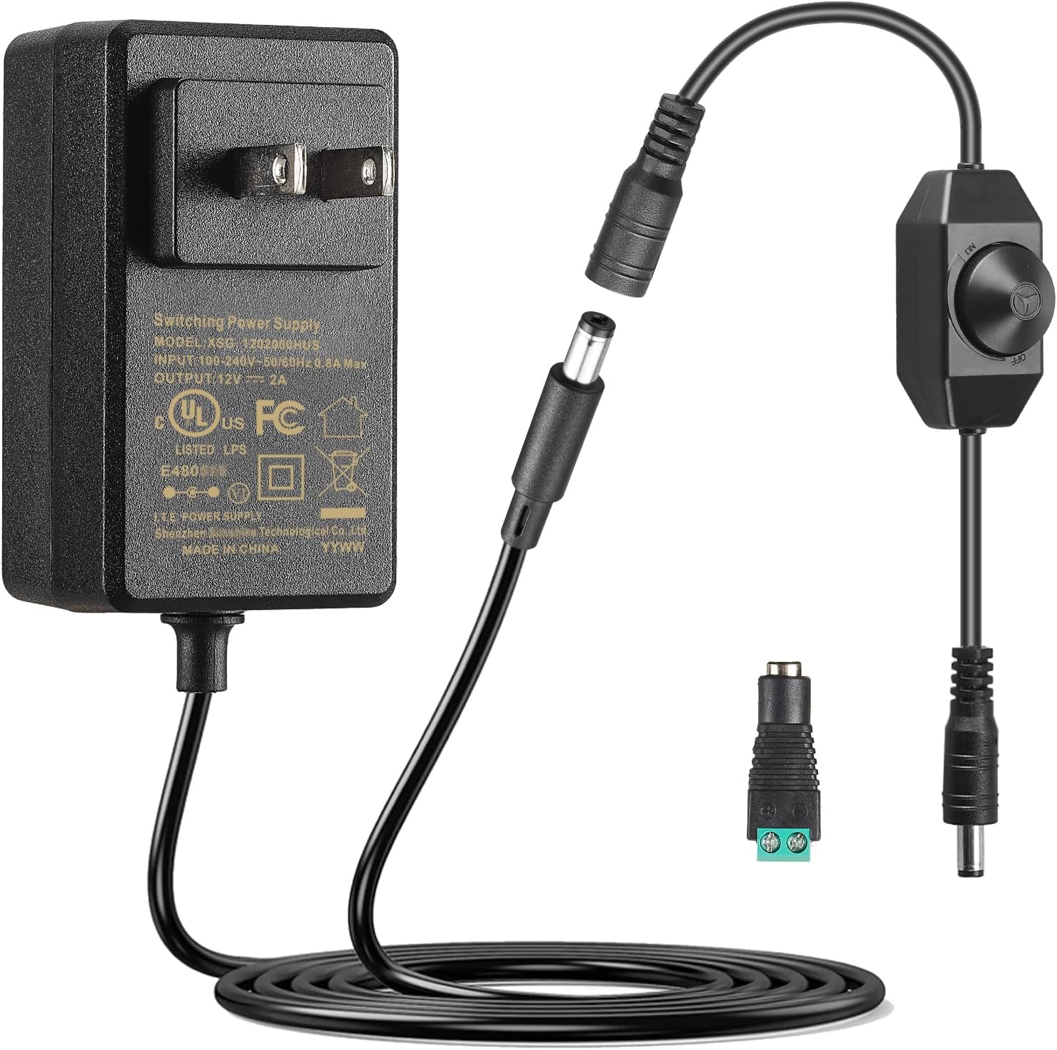 Adaptador de fuente de alimentación de 12 V 2 A CC listado UL con interruptor de atenuación LED, 24W 100-240V ACDC 12 voltios adaptador de 2