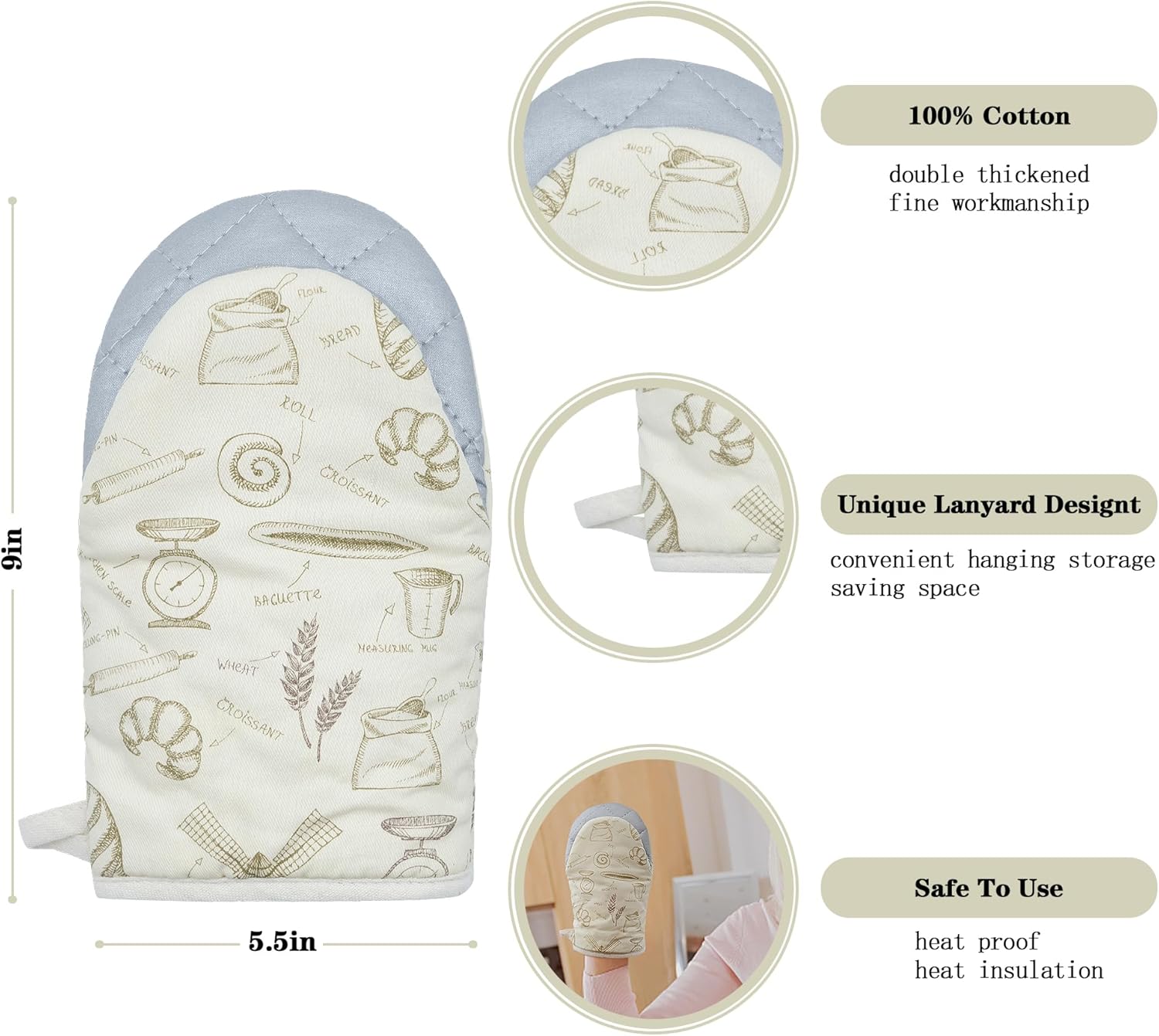 Guantes de horno y agarraderas, guantes de horno y soportes para ollas con forro suave 100% algodón, resistentes al calor para 230 grados, guantes