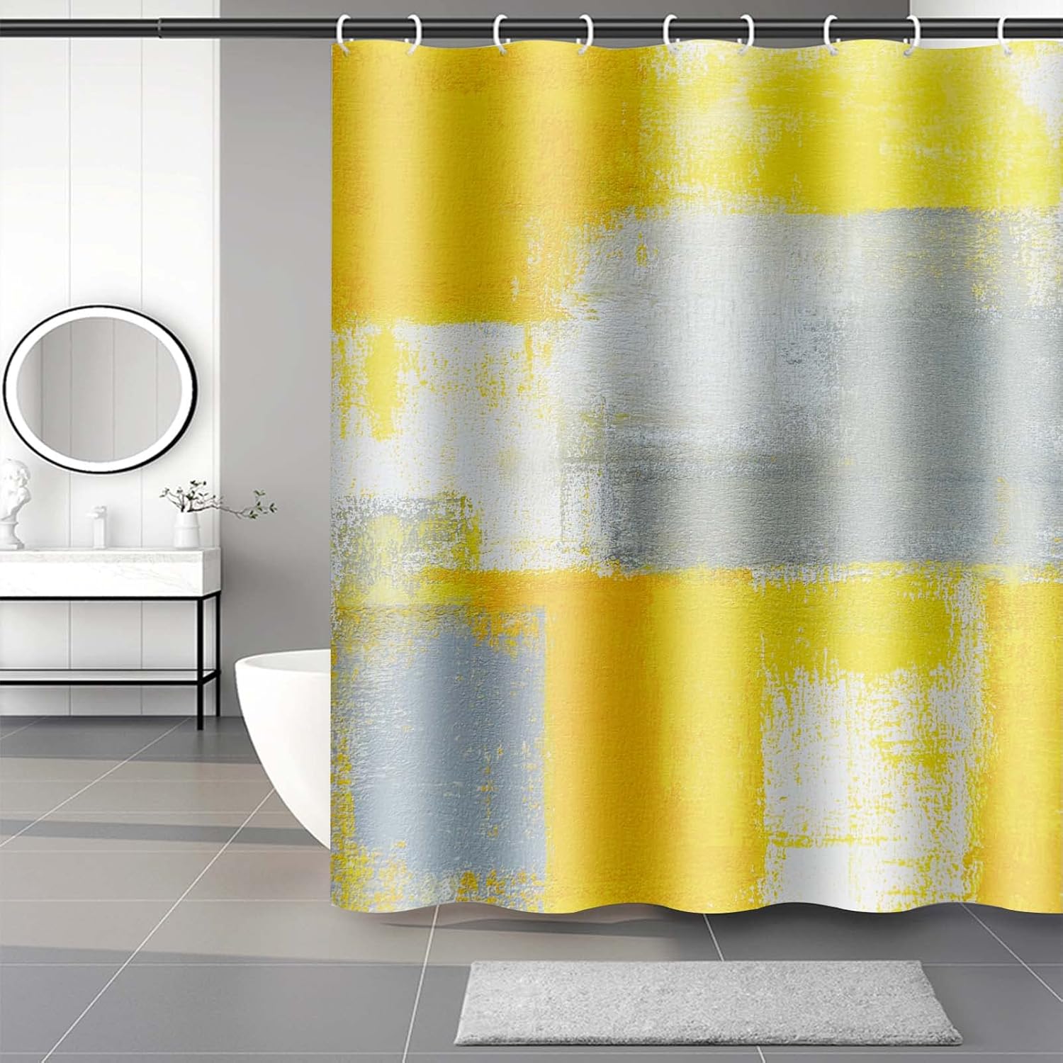 Lnond Cortina de ducha amarilla para baño, juego de cortinas de baño abstractas degradadas con 12 ganchos, arte amarillo y gris, decoración de baño,