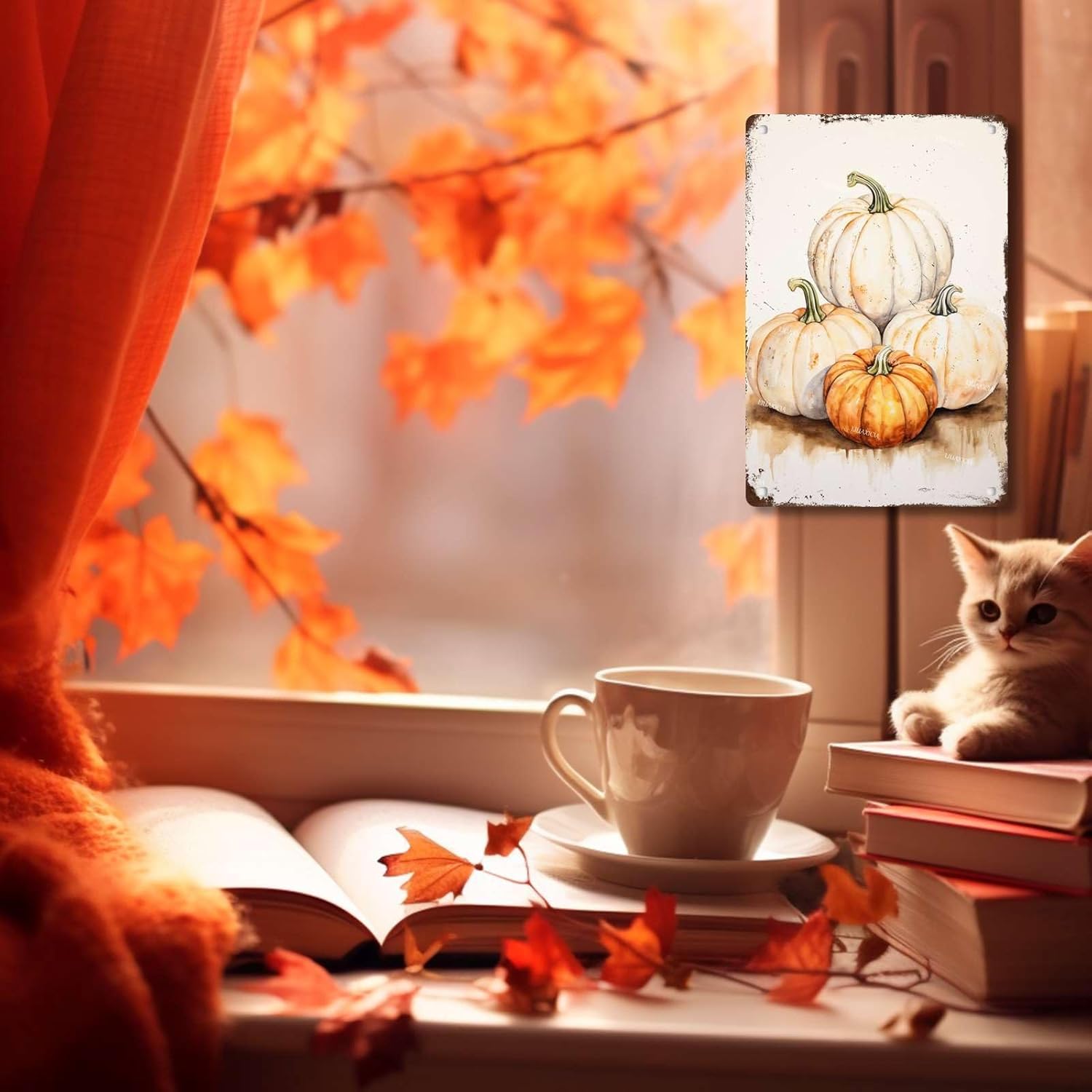 Letrero de hojalata con estampado de calabaza, acuarela, calabaza, arte de pared, decoración de otoño, decoración de Acción de Gracias, decoración