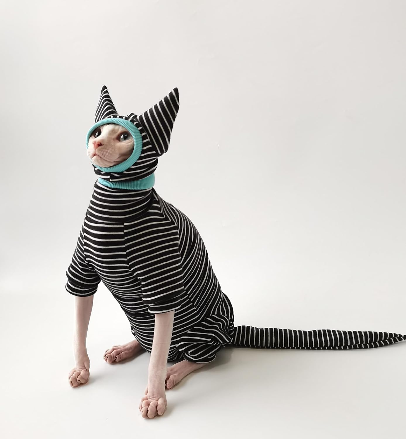 Ropa de gato sin pelo, overol de gato con pijama a rayas de 4 patas, ropa de esfinge, ropa de gato para gatos, mamelucos para mascotas, ropa de gato