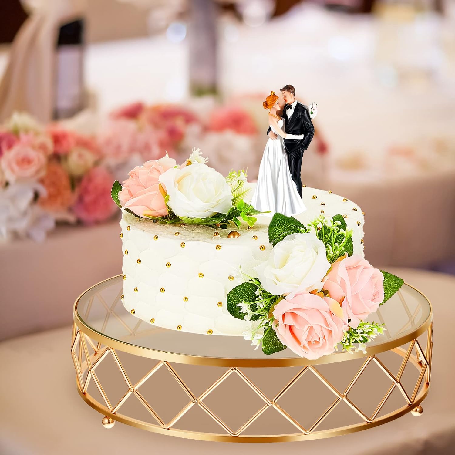 Nuanchu Soporte redondo de metal geométrico de 14 pulgadas para tartas de boda, soporte metálico brillante para tartas con parte superior de vidrio