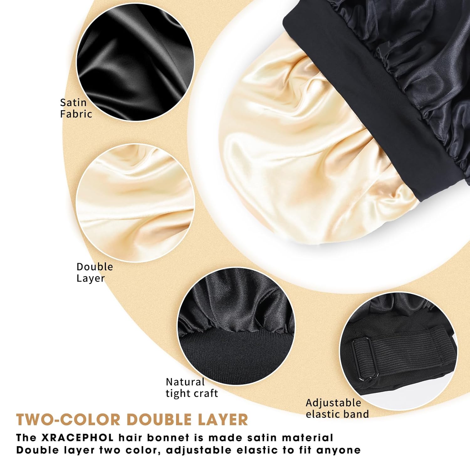 Gorro de seda para dormir de doble capa de satén ajustable para mujeres negras, gorro de dormir reversible para cabello rizado (negro)