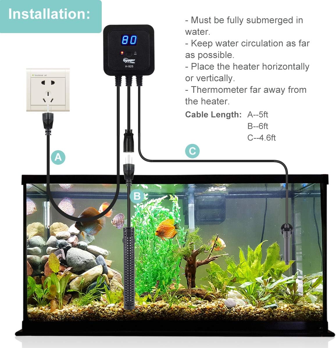 hygger Calentador de acuario de 200 vatios con controlador de temperatura digital LED, calentador de agua sumergible para acuarios de agua dulce y