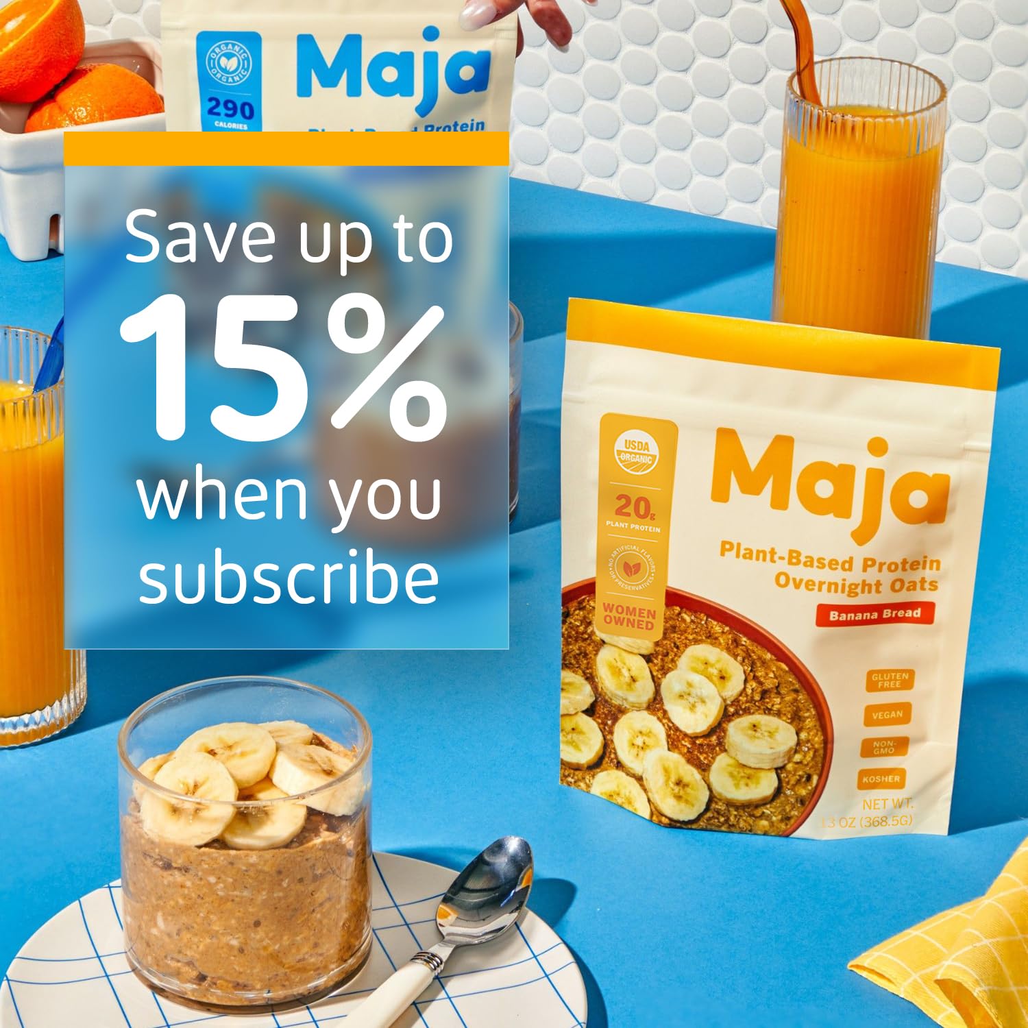 Maja Avena proteica orgánica a base de plantas  Pan de plátano avena durante la noche, 5 porciones (2.40 oz) Vegana, avena sin gluten, deliciosa