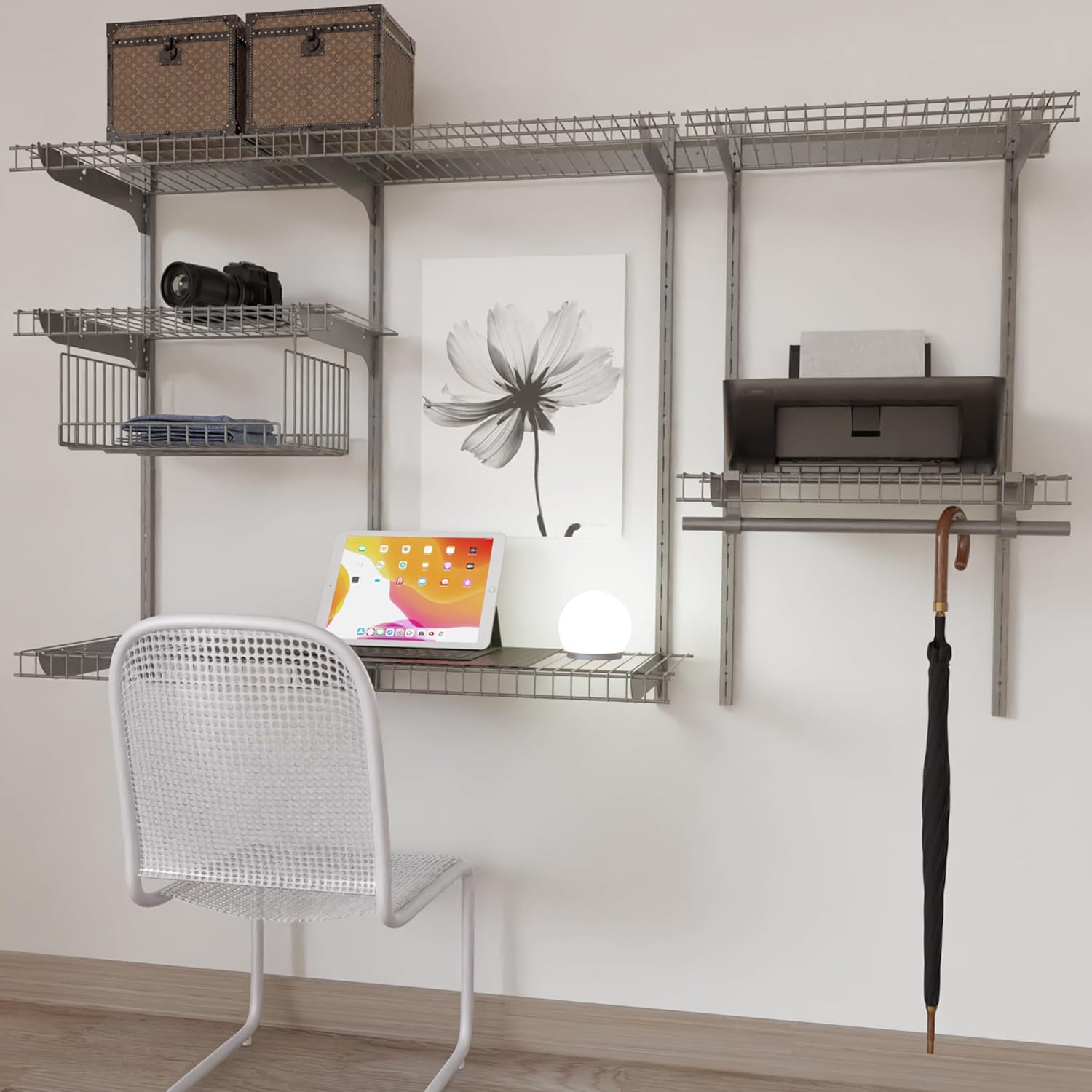 Kit de estante de armario de alambre plateado, estantería para áreas abiertas, riel de estante con estantería expandible y sistema organizador,