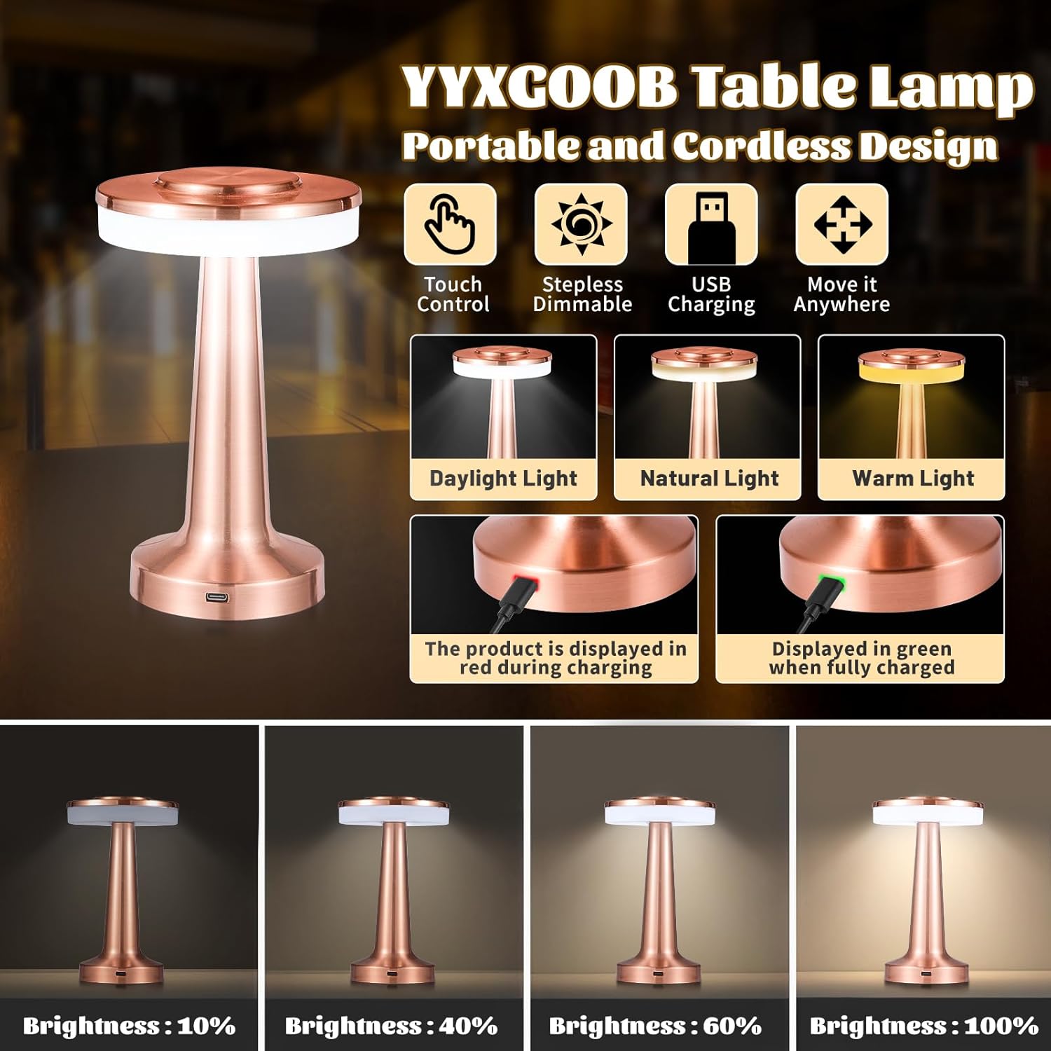 Lámpara de escritorio recargable con batería con sensor táctil, lámpara de mesa LED portátil inalámbrica, regulable de tres niveles, adecuada para