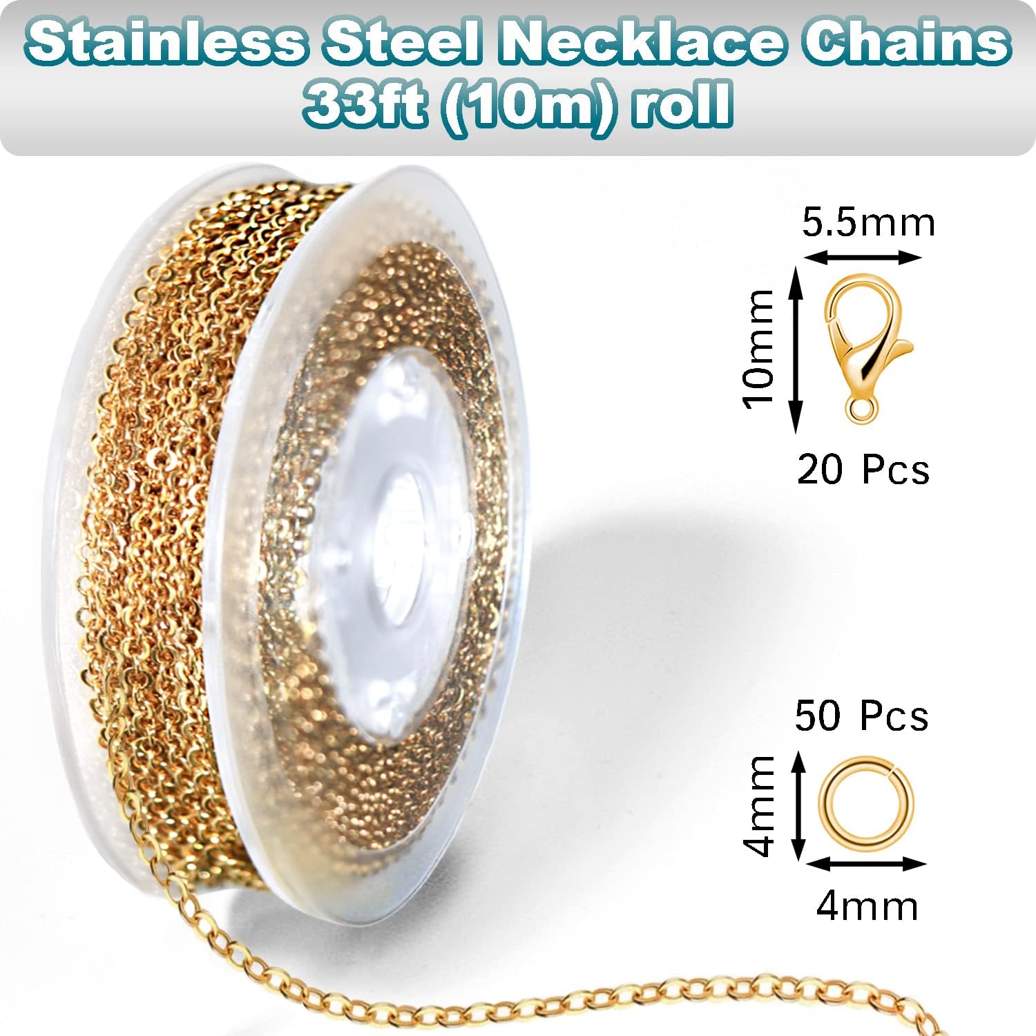 Jishi Cadena de oro de 33 pies de acero inoxidable de 0.079 pulgadas para hacer collares, aretes, pulseras, suministros de manualidades, suministros