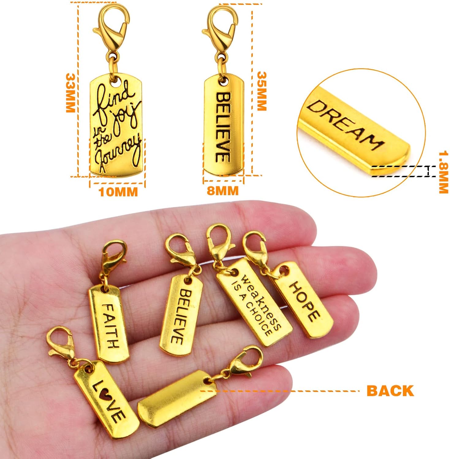 24 dijes dorados antiguos con clip de inspiración grabados con palabras motivacionales con cierre de langosta para hacer joyas, accesorios de