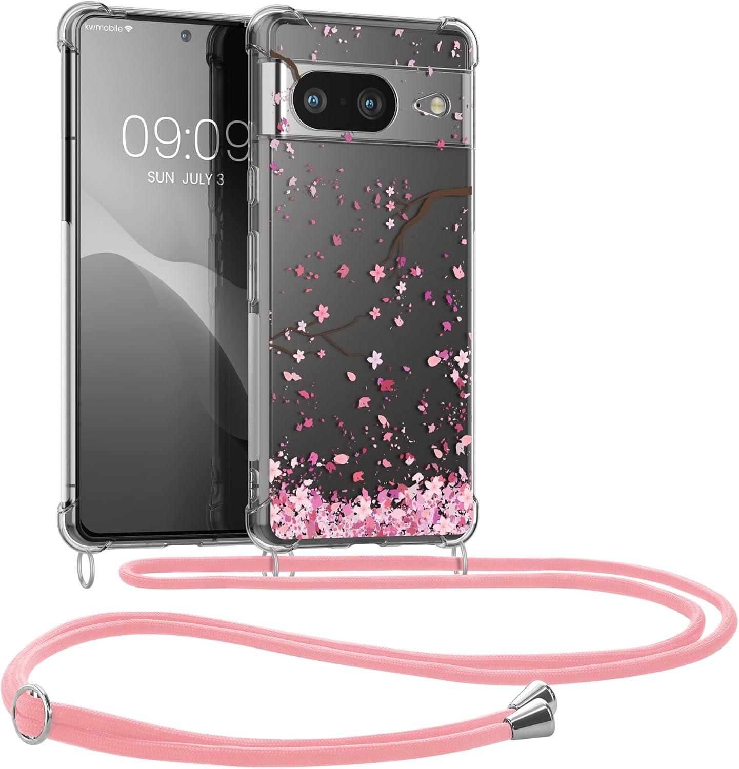 kwmobile Funda cruzada compatible con Google Pixel 8, diseño de flores de cerezo rosa, marrón oscuro, transparente