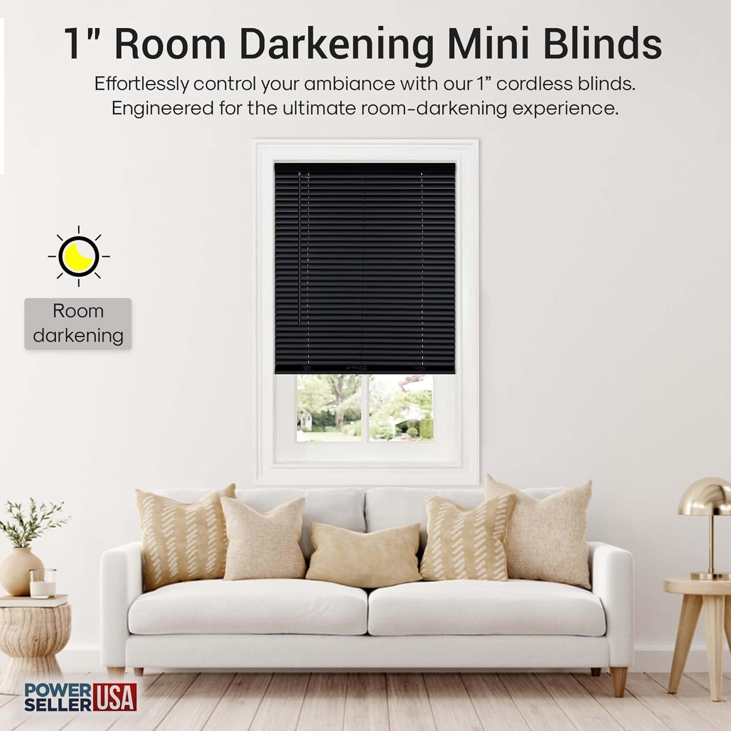 Mini persianas sin cordón para ventana, con listones de 1 pulgada para oscurecer la habitación (negro, 27 x 64 pulgadas)