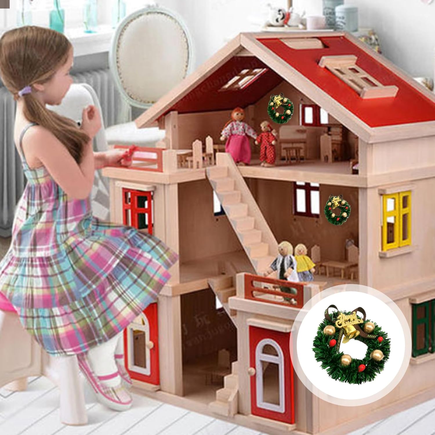 Casa de muñecas, árbol de Navidad, corona de Navidad de casa de muñecas, 2.36 pulgadas, 112, mini coronas artificiales de Navidad, adornos para casa