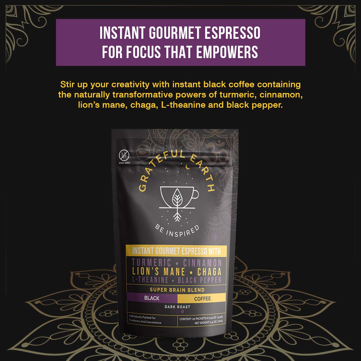 Grateful Earth Super Brain Blend Instant Gourmet Espresso  Café negro instantáneo con nootrópicos  20 paquetes  Café Robusta y arábica Microground