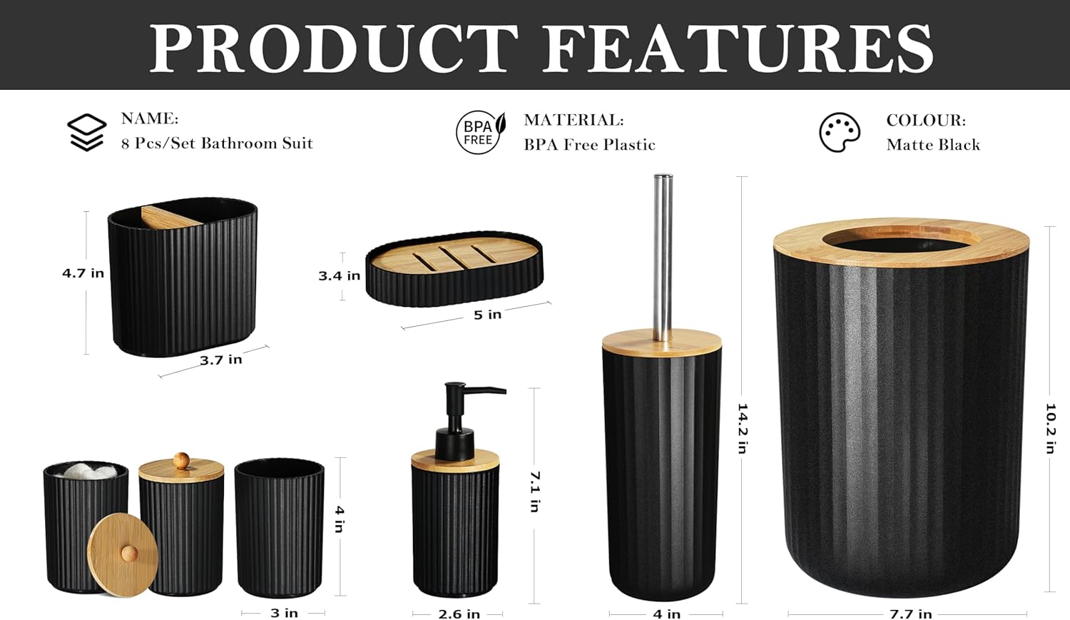 ALPIRIRAL Juego de accesorios de baño negro, juego de 8 piezas de accesorios de baño con basura, dispensador de jabón y soporte para cepillo de