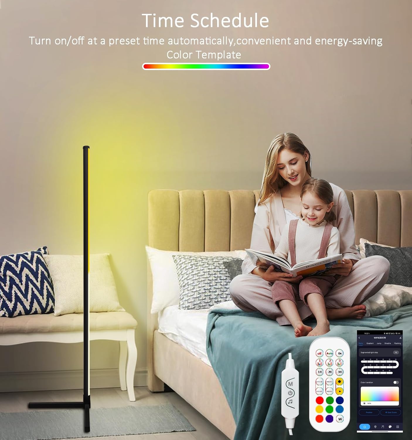 Lámpara de pie de esquina RGB, iluminación de estado de ánimo que cambia de color con aplicación y control remoto, sincronización de músicacolores