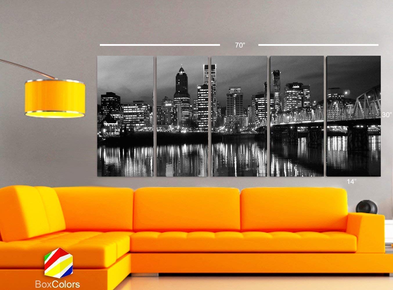 XLARGE 30″x 70″ 5 Panels 30″x14″ Ea Art Canvas Print Portland Oregon skyline Black & white Wall Home decor (framed 1.5″ depth)