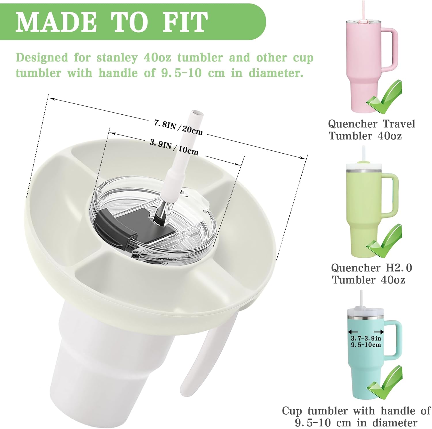Turfson Bandeja de aperitivos para vaso Stanley de 40 onzas con asa, recipiente para aperitivos Stanley Cup Accessories Botella de agua con popote